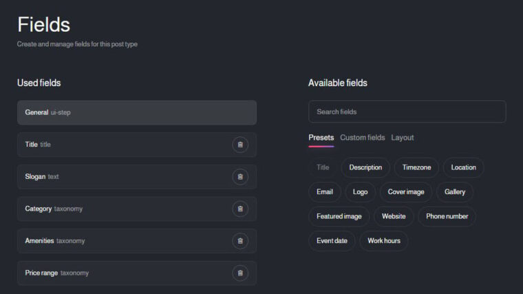 Voxel Theme backend UI showing available custom fields (preset fields)