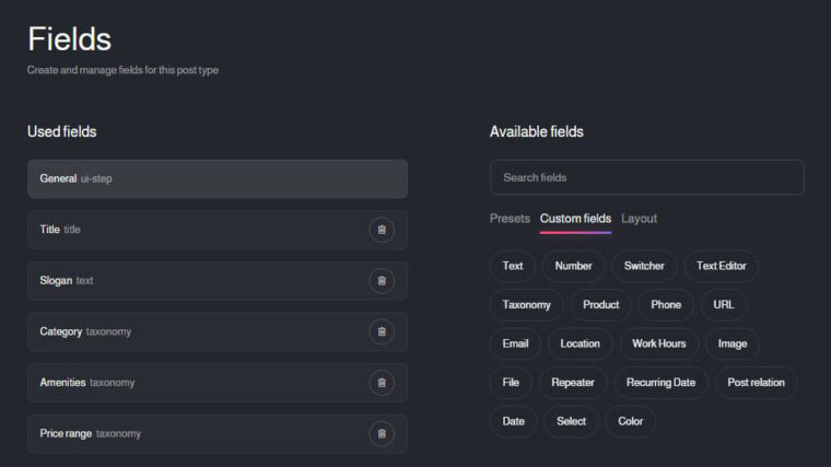 Voxel Theme backend UI showing available custom fields (all custom fields)